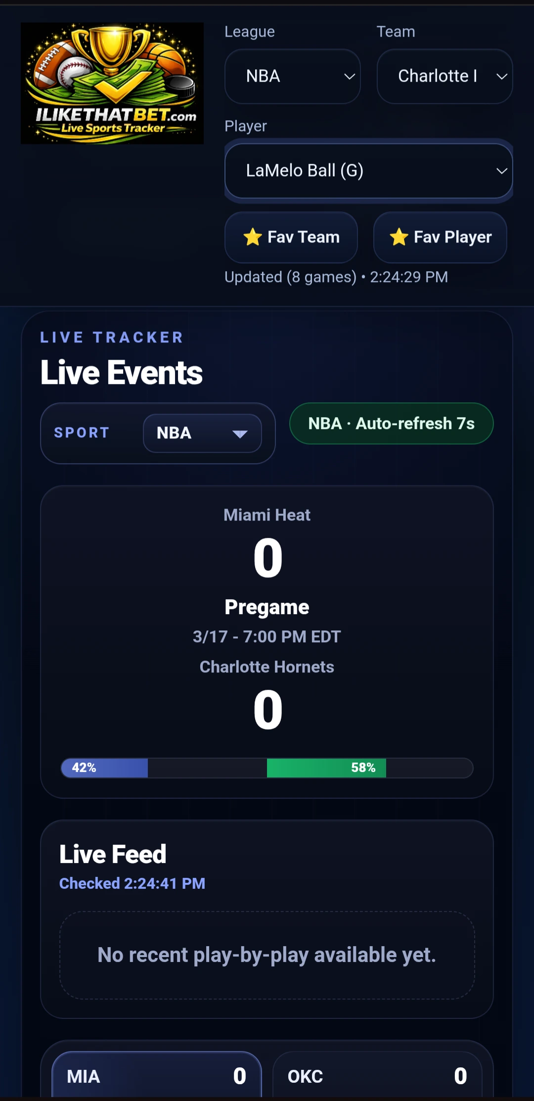 ILikeThatBet Sports Ticker PWA live events view